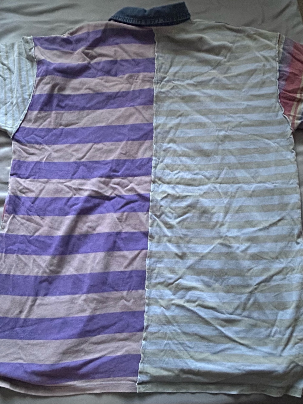 Patchwork Striped Short-Sleeve Polo Shirt - Purple & Light Blue - Picture 2 of 4
